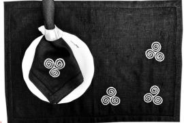 Placemat & Napkin set -Black with swirl embroidery